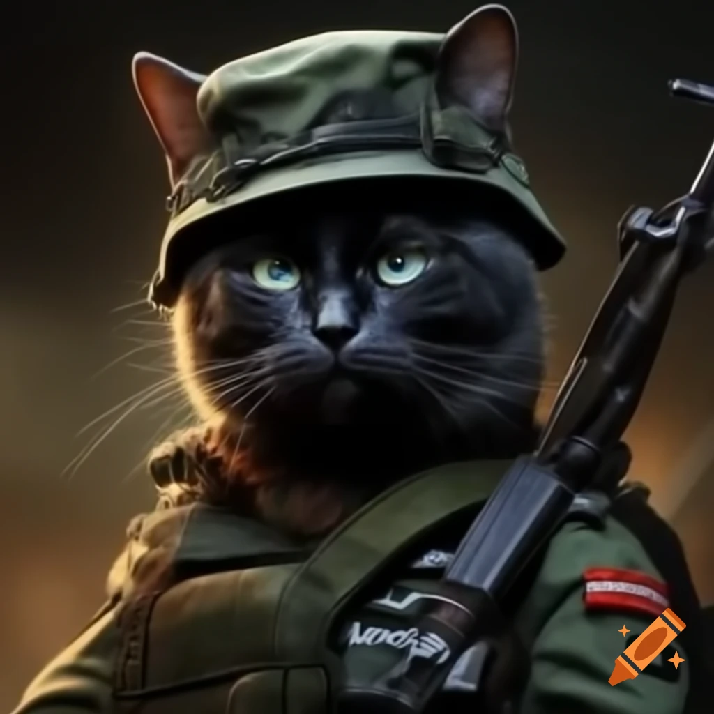Black cat in army uniform with AK-47 and commander hat in realistic graphics