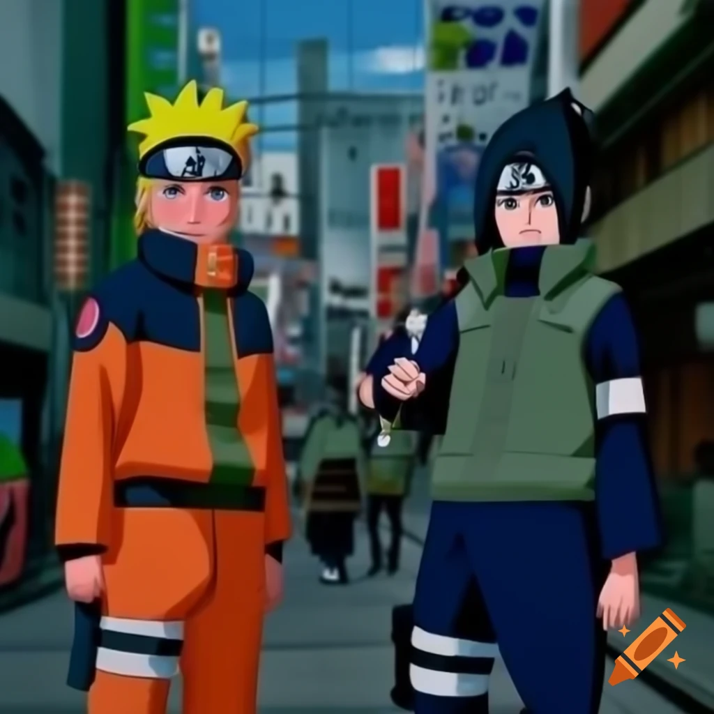 Naruto and Sasuke in Shibuya, showcasing urban anime culture