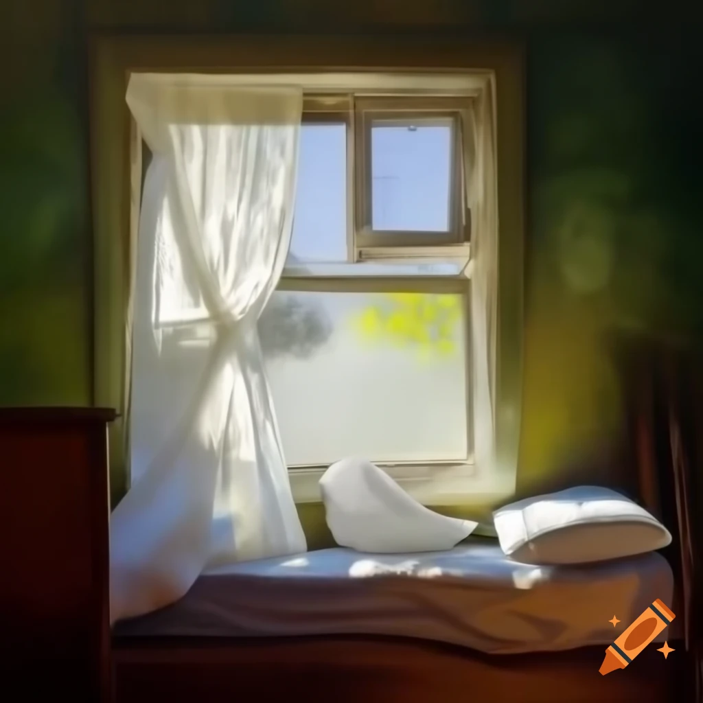 Old bed with white sheets lit by morning sun in Monet style