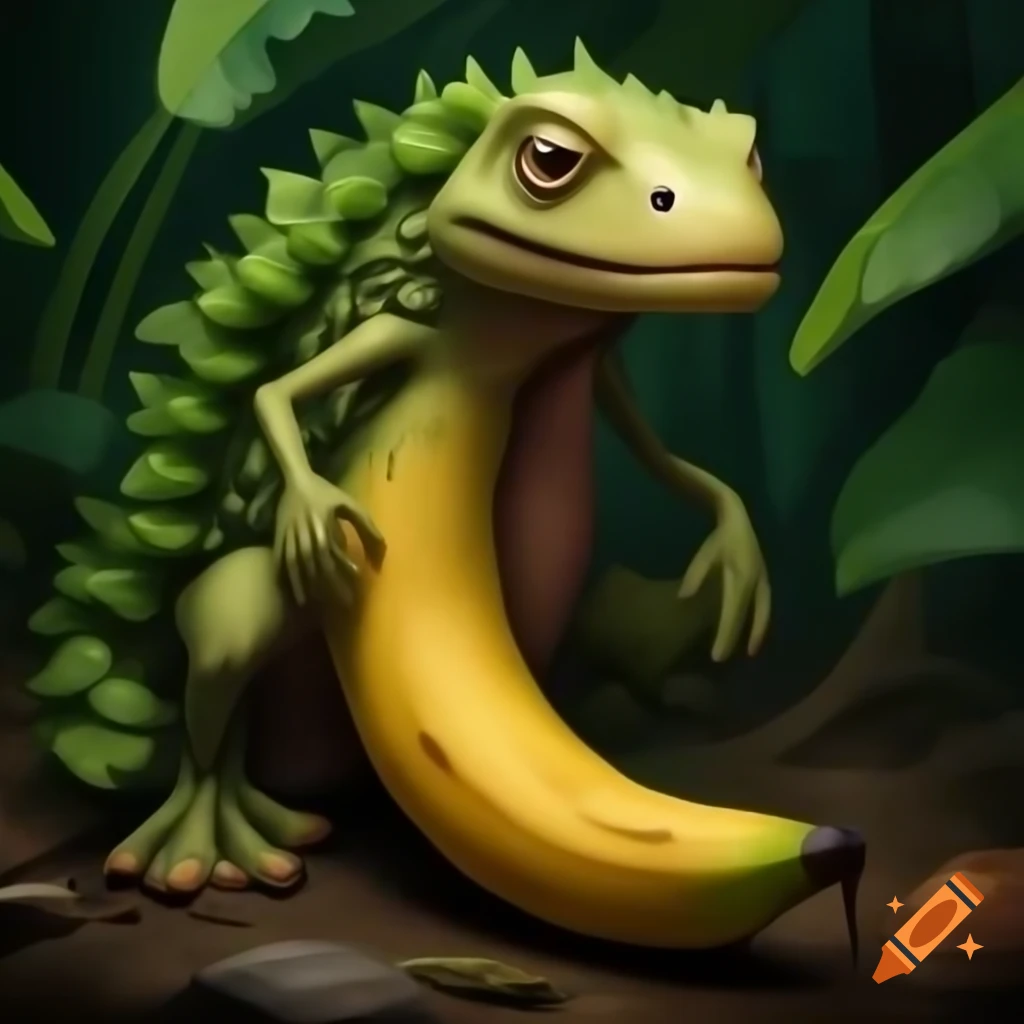 Mythical creature with salamander head, banana body, duck and flamingo legs, mustache in rainforest
