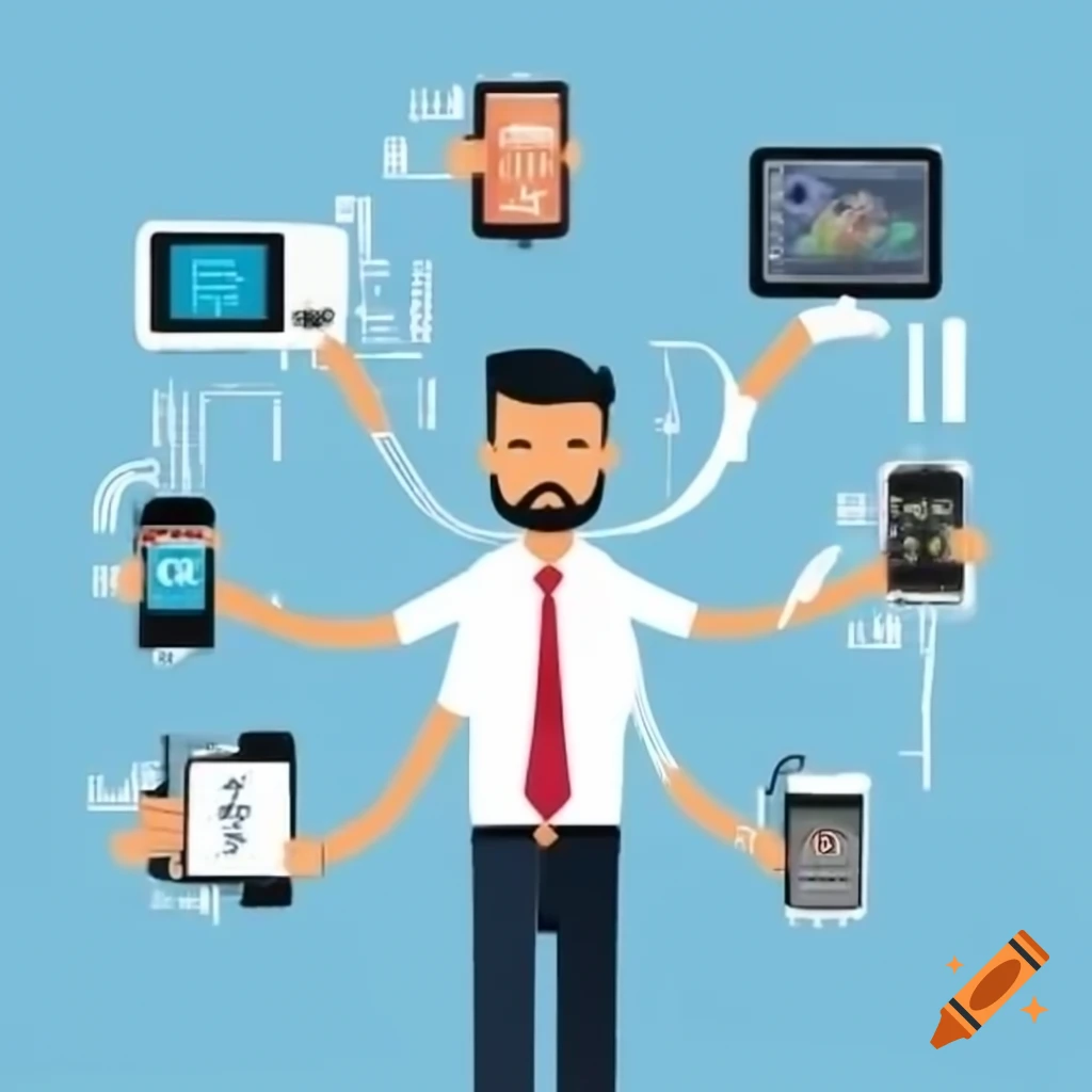 Man surrounded by digital devices including smartphone, computer, and tablets