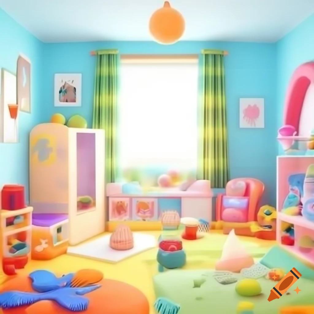 Cute illustration of a kids toy room in wide angle perspective