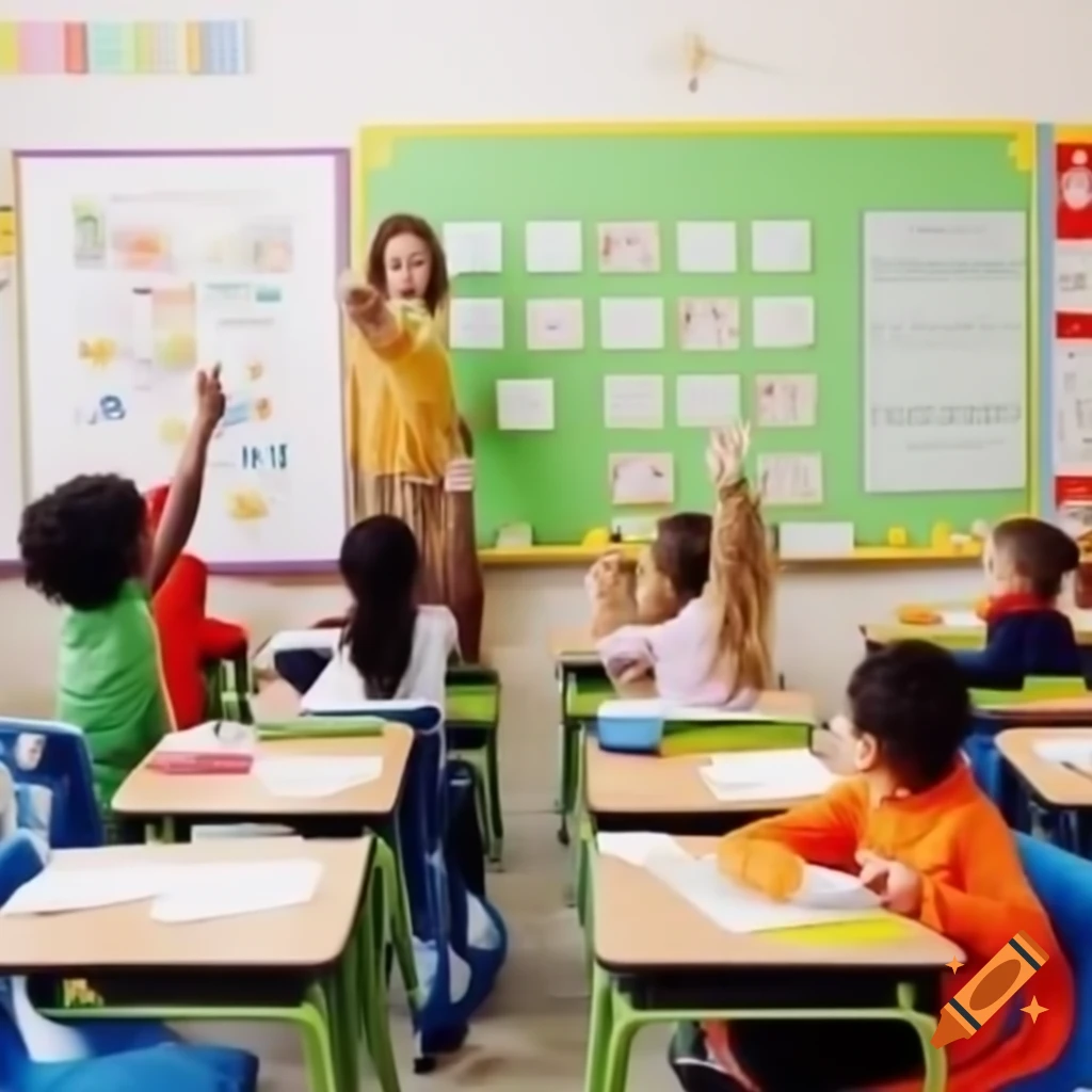 Elementary students engaged in activities at colorful desks with their teacher