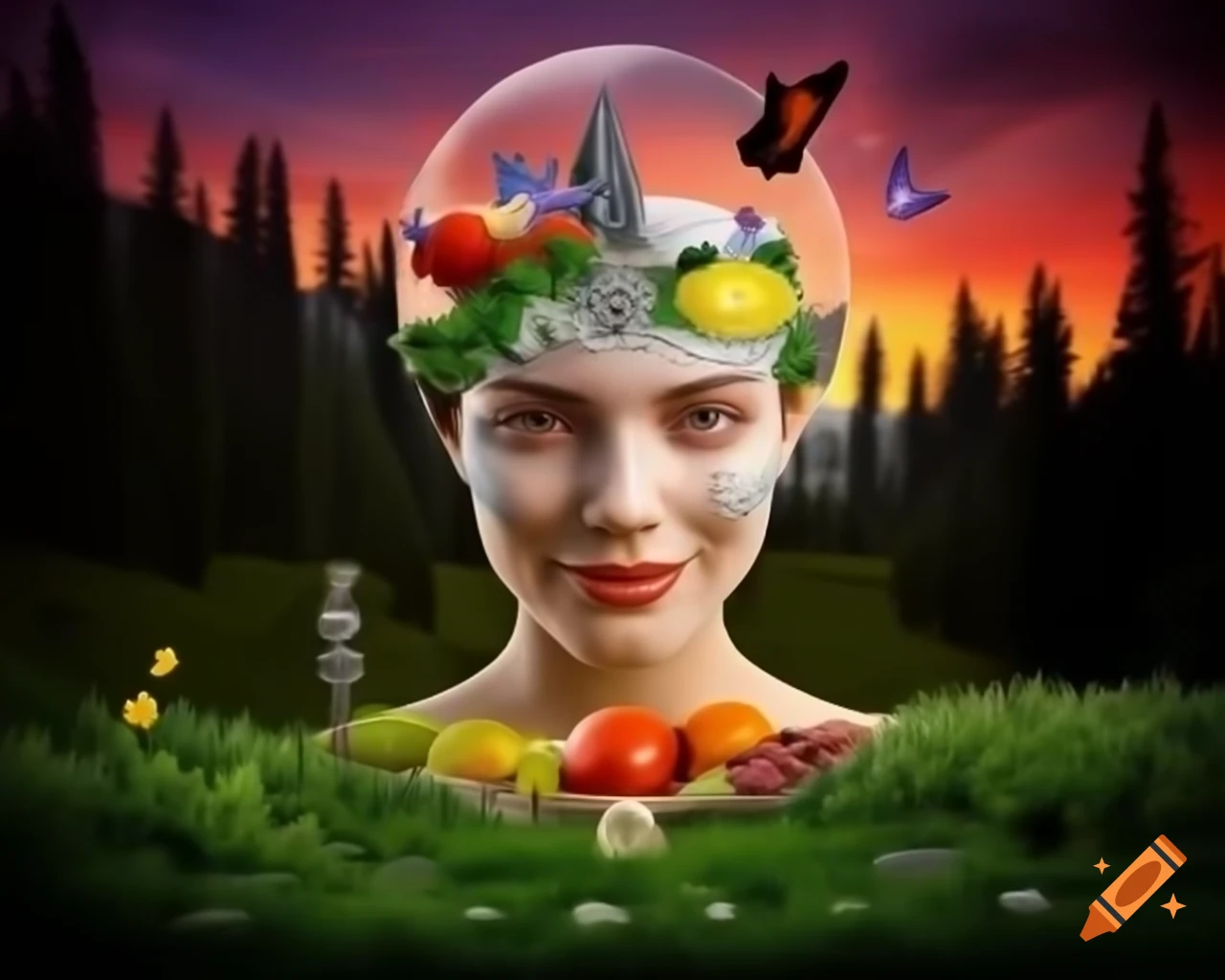 Surreal 3D render of woman's face in forest with wildflowers and butterflies