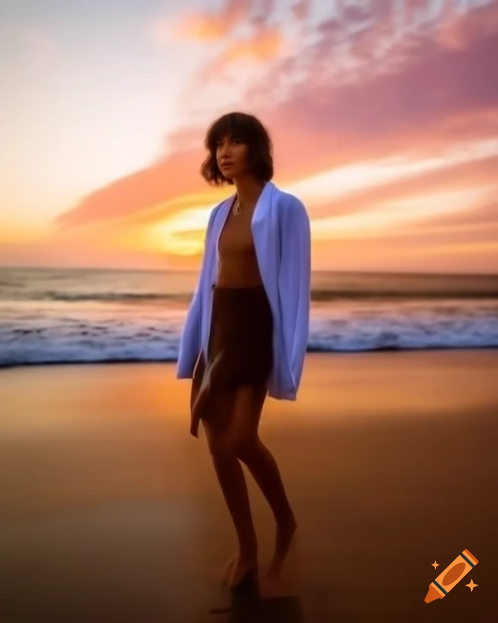 Young woman with short dark hair on beach at sunset wearing white shirt and brown vest