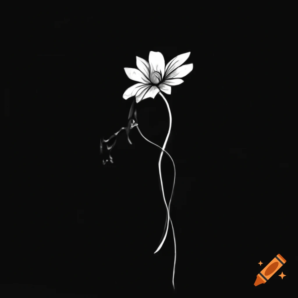 Monochromatic ink drawing of delicate flower on black background