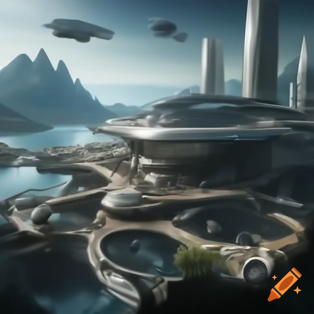 Futuristic facility on cliffside with advanced technology and spacecraft