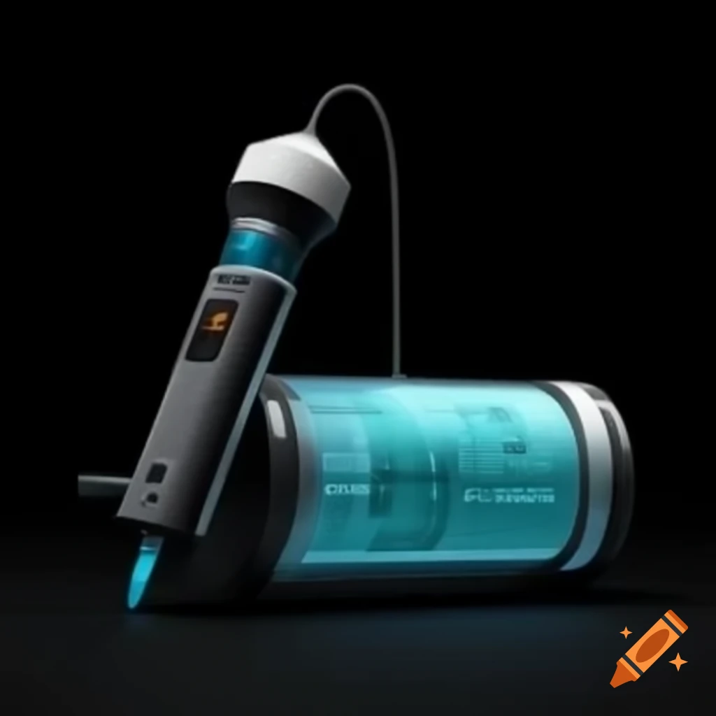Futuristic handheld device for injecting milk, with measurement cylinder, on black background