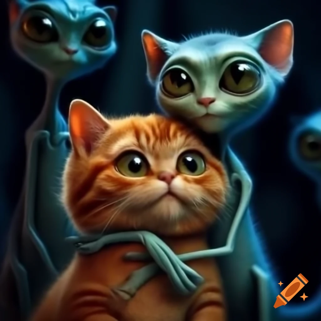 Cats embracing aliens in a whimsical scene