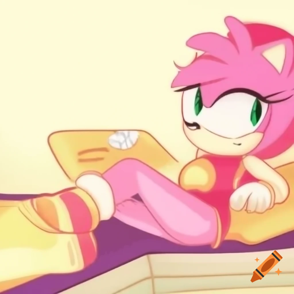 Character resembling Amy Rose resting on massage table with a warm smile