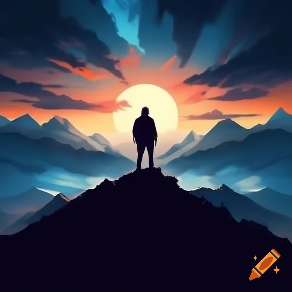 Silhouette of strong man on mountain peak at sunrise, motivational design