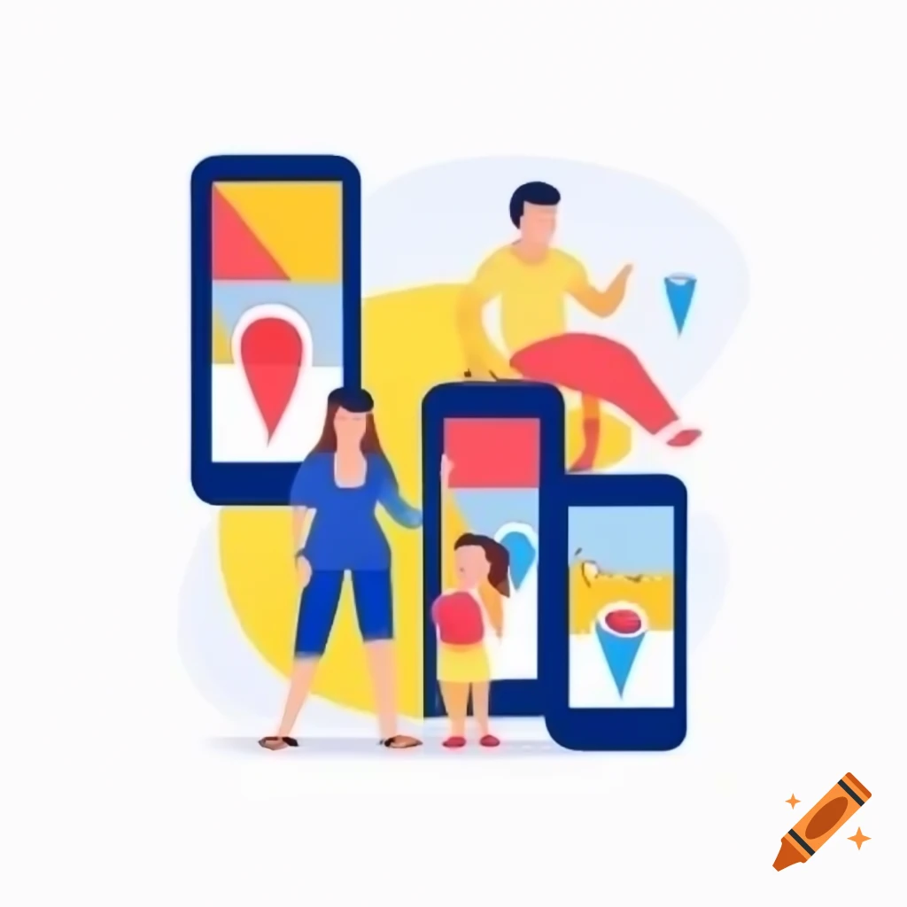 Flat vector illustration of family tracking locations on mobile phones with vibrant color palette