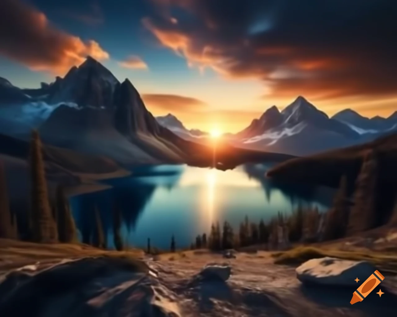 Photorealistic 3D render of mountain lake at sunset with sun rays and island in background