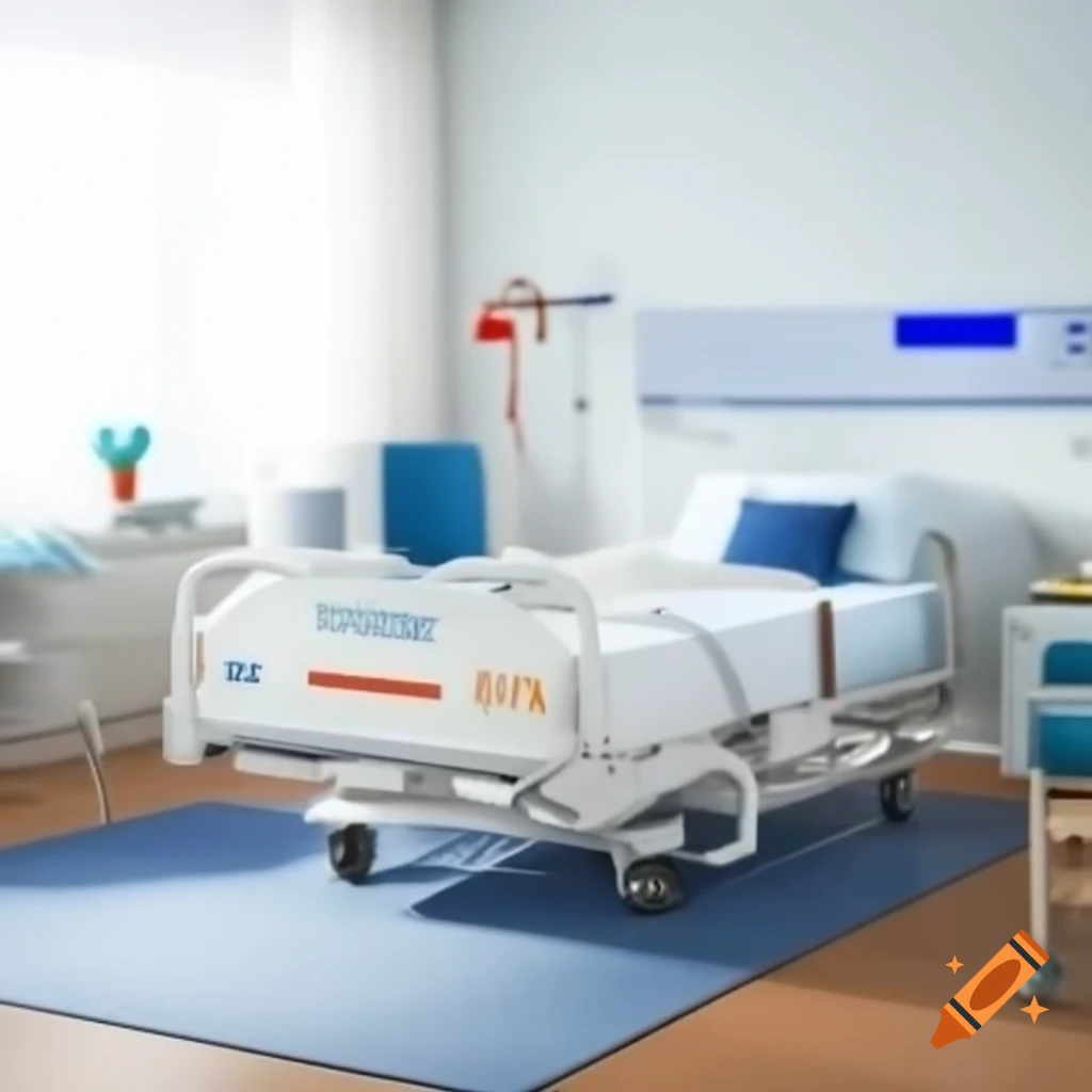 Hospital room view from bed with white headboard and homey blue accents