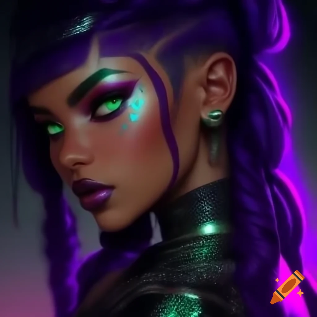 Woman with twin purple braids and emerald eyes showcasing punk style