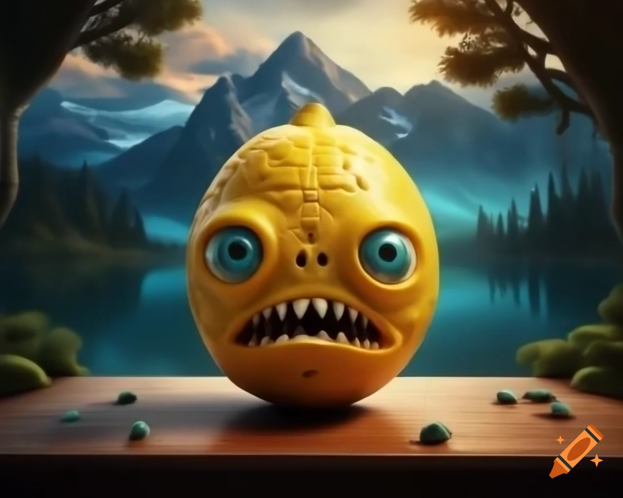 Surreal lemon monster sculpture with human face in forest setting