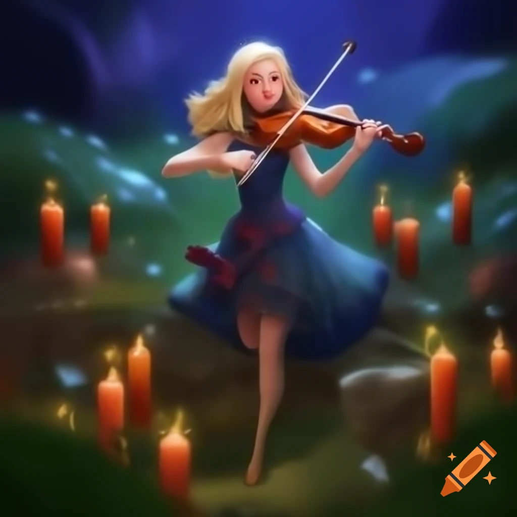 Blonde female violin player in a magical candlelit landscape