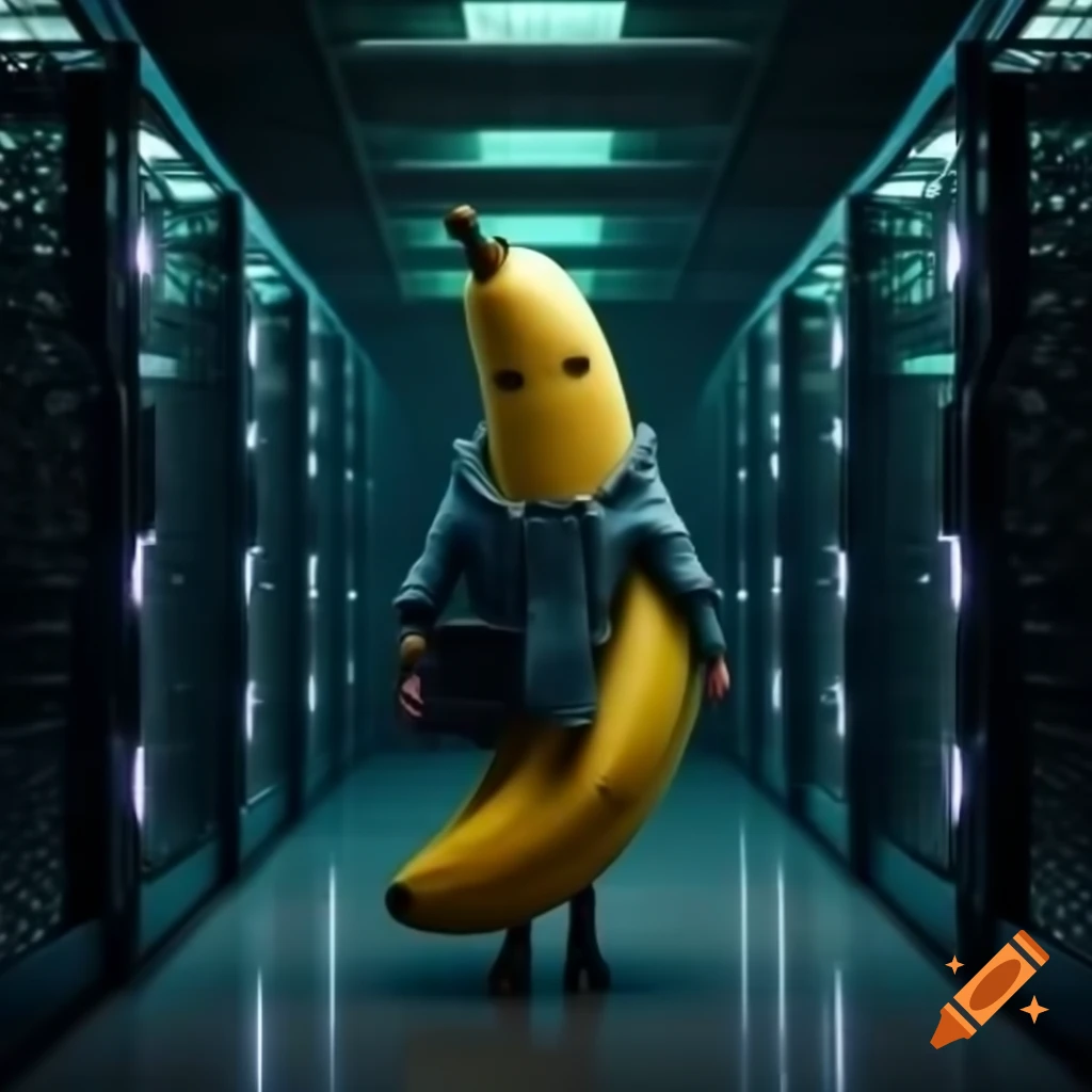 Banana man in cyberpunk server room filled with hacking equipment