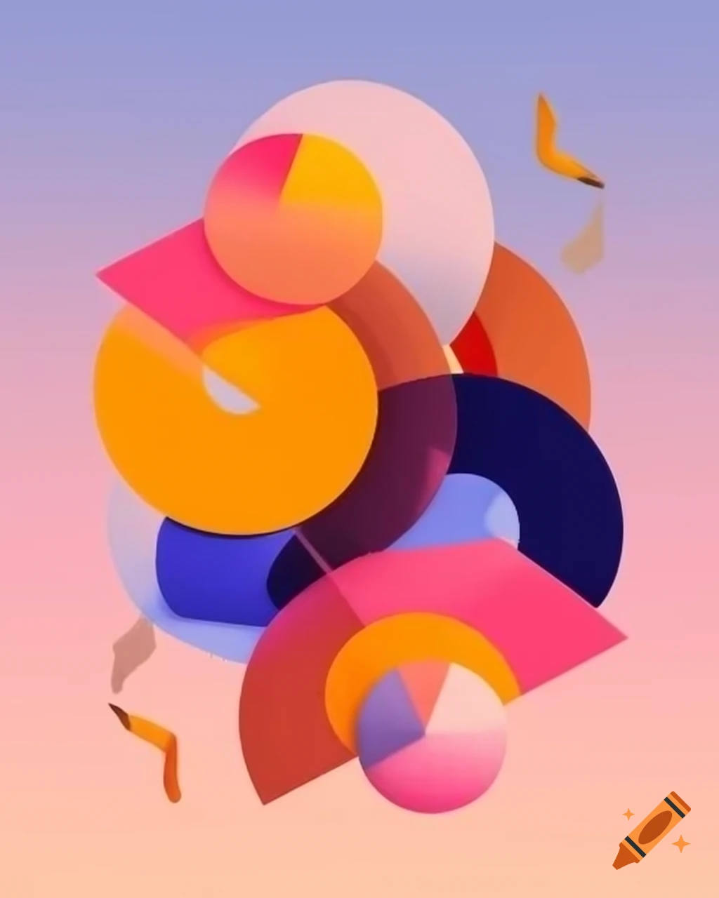 Vibrant overlapping geometric shapes in various colors on soft gradient background