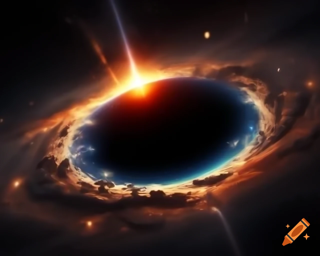 Realistic black hole in star-filled space with artistic anamorphic lens flare