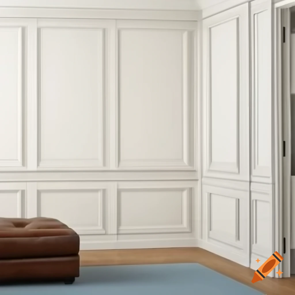 Modern living room featuring wainscoting panels, blonde oak flooring, light blue carpet, and dark brown leather couch