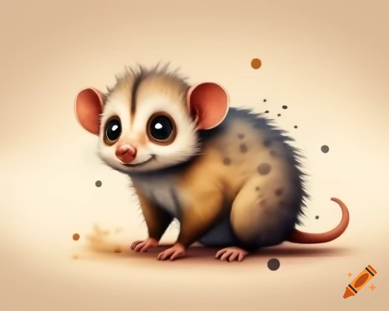 Gum nut baby possum in watercolor shades of brown and gold, cartoon style