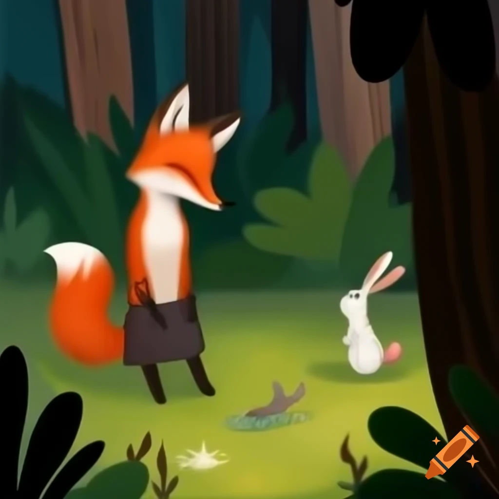 Friendly fox and rabbit in peaceful forest scene