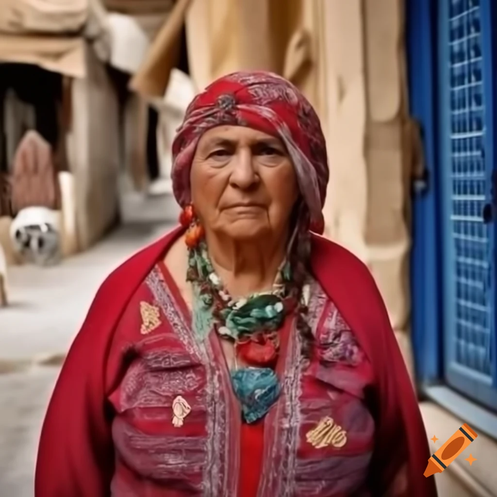 Elderly Tunisian woman portrayed in traditional attire