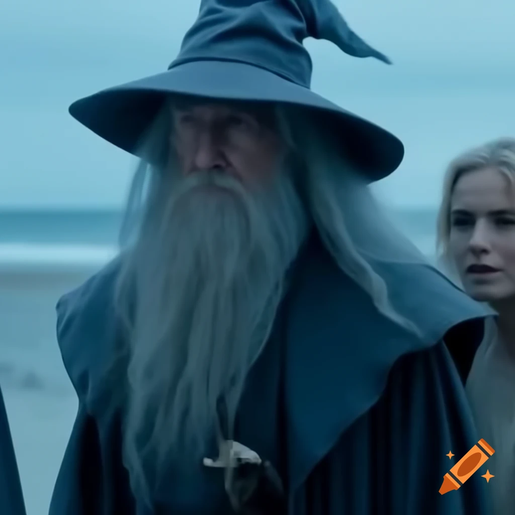 Gandalf character at the beach with his fiancée
