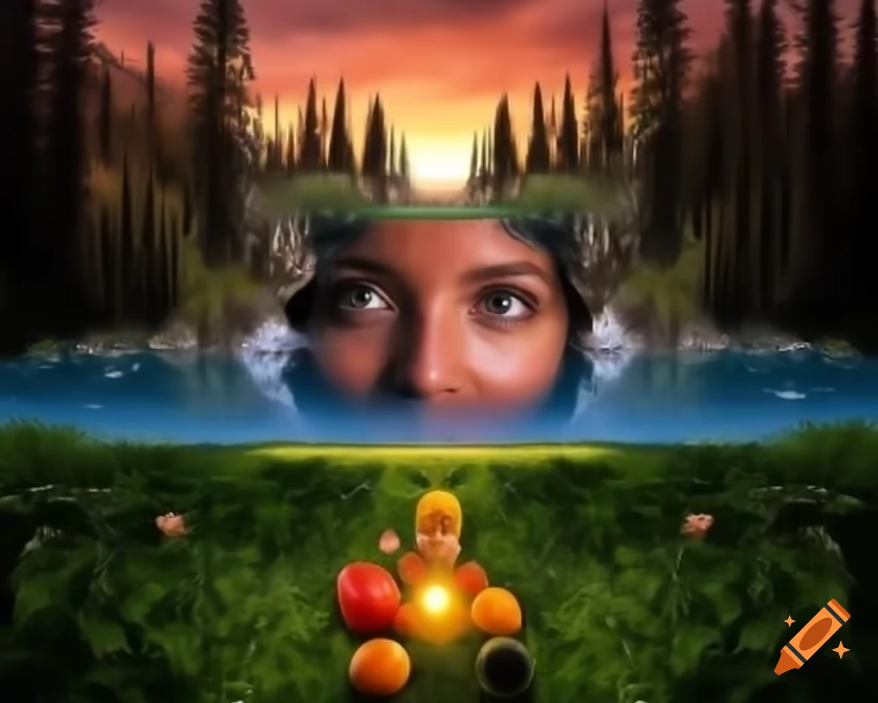 Surreal 3D render of woman's face in forest with wildflowers and butterflies