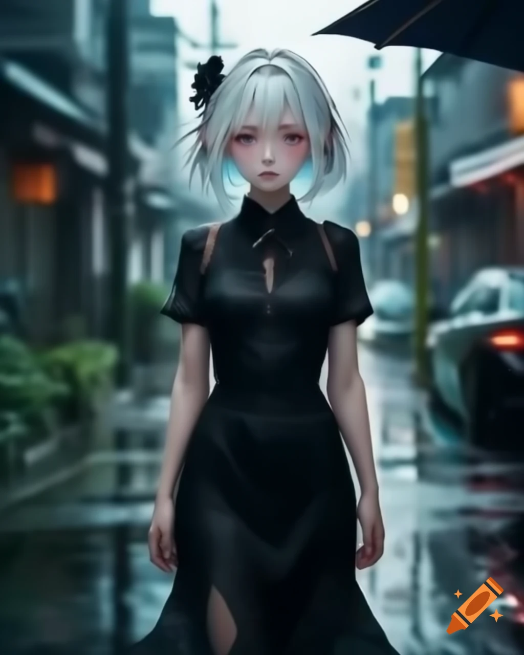 Anime character with white hair and black dress on rainy day, realistic style