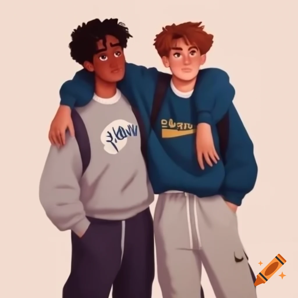 Two male college friends dressed in casual jock attire