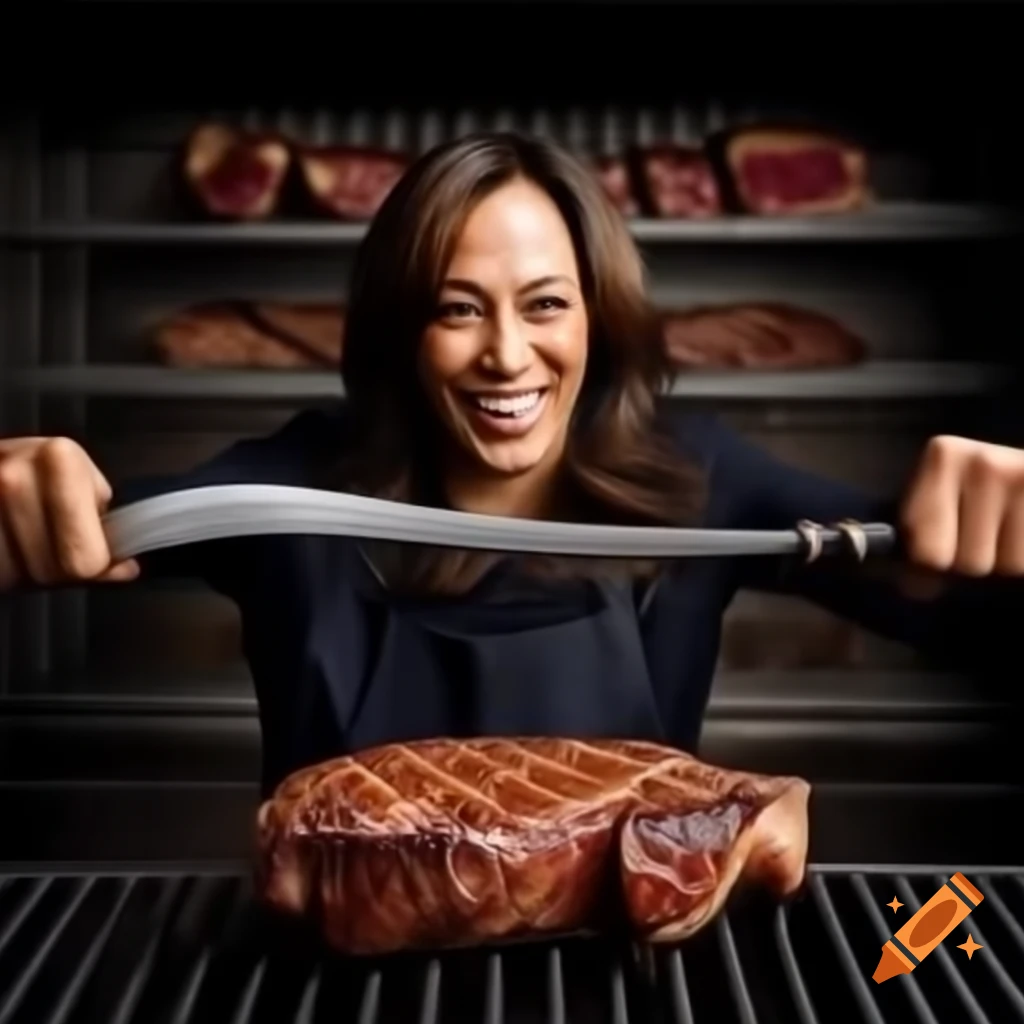 Kamala Harris holding tongs with burned steak featuring Trump's face in front of a grill