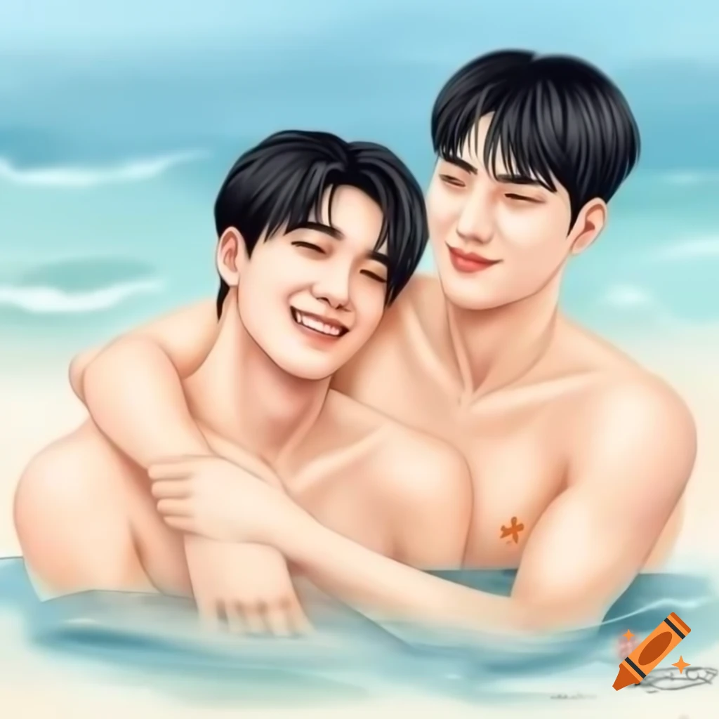 Watercolor painting of two male Olympic swimmers on beach, embracing and looking at each other