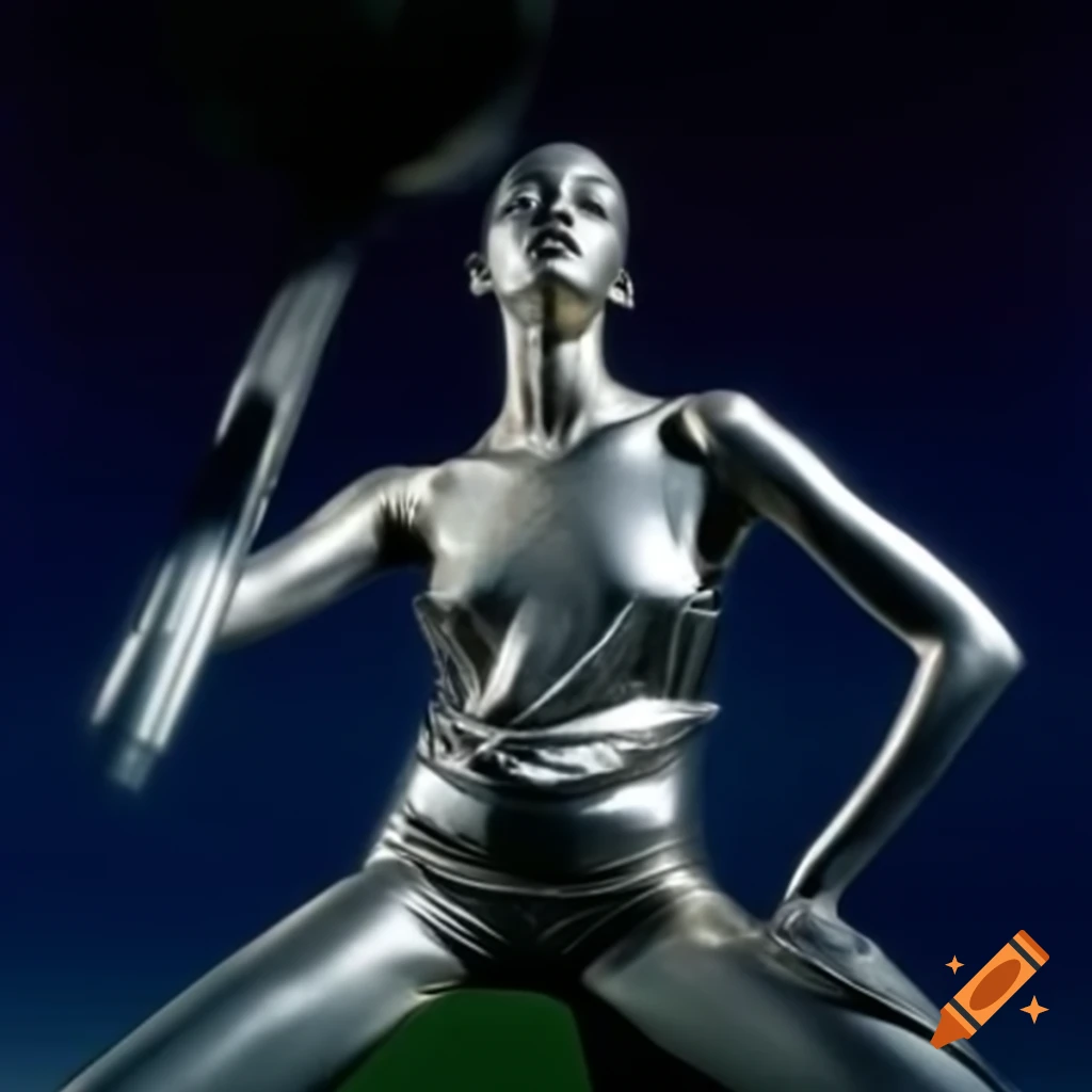 Pop surreal photography featuring a silver statue from the 2000s
