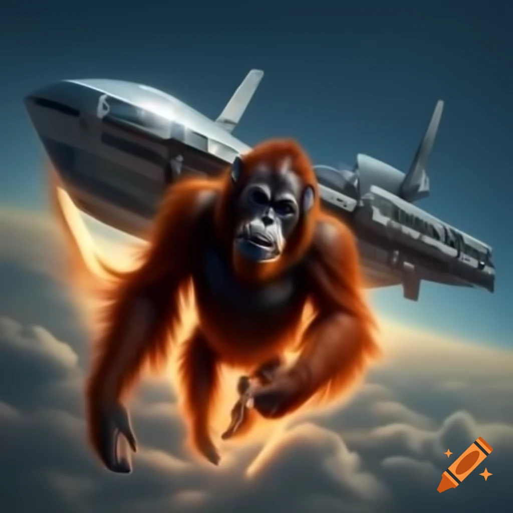 Orangutan piloting a flying spaceship