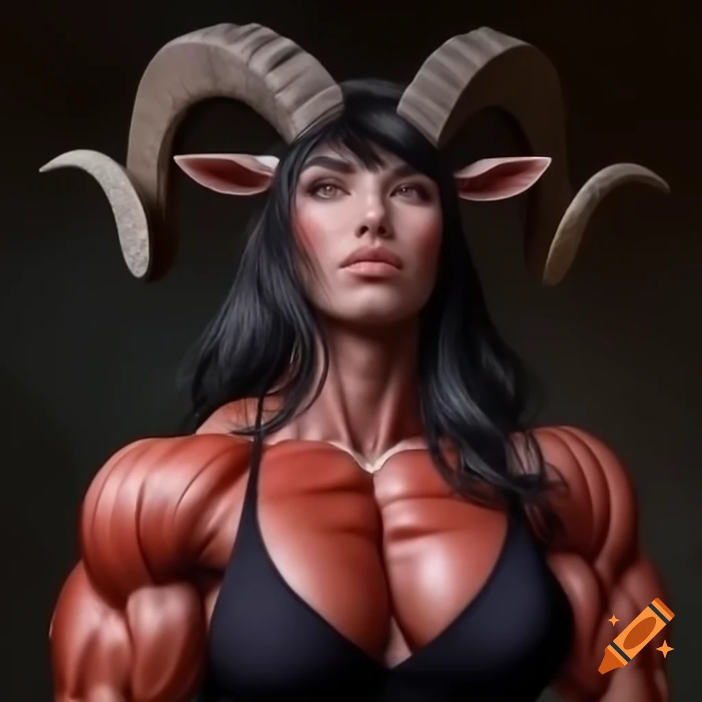 Muscular woman with goat head, fantasy concept art