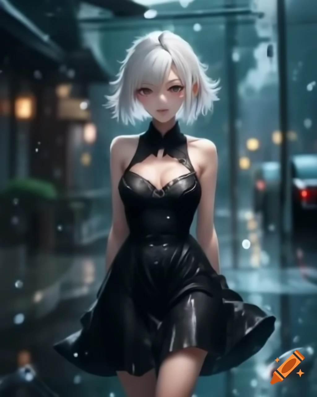 Anime character with white hair in black dress on rainy day