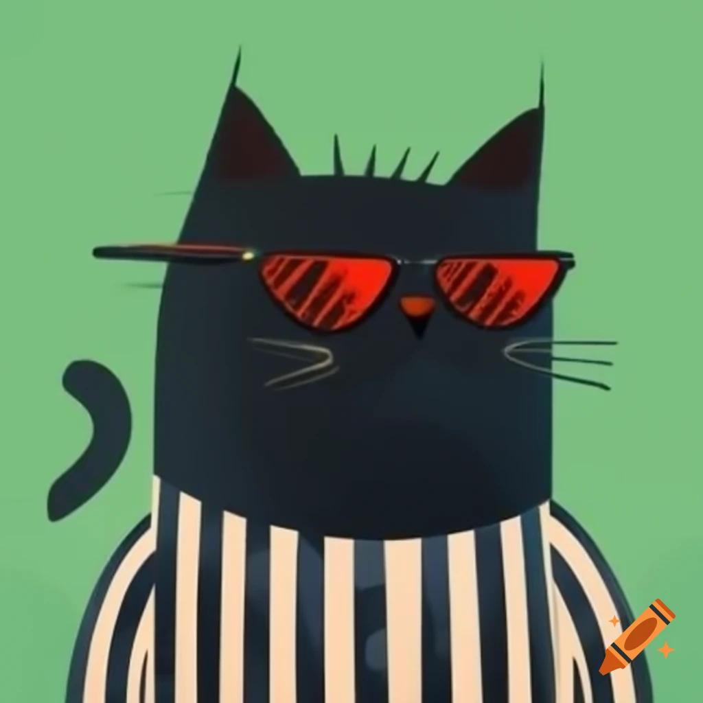 Cartoon art of a black cat with pajama stripes and sunglasses