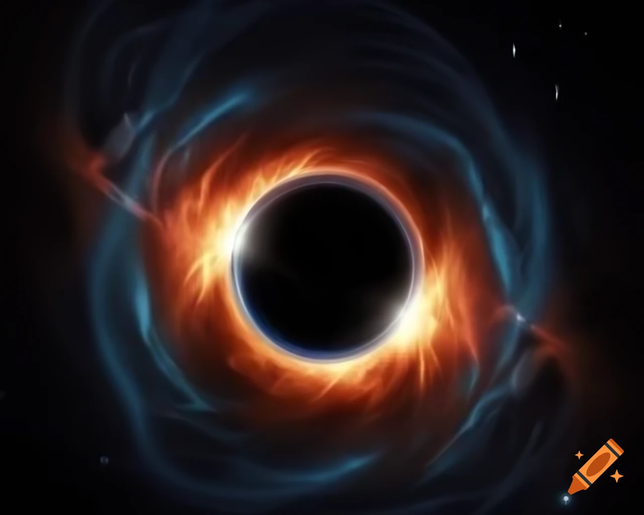 Realistic black hole in star-filled space with artistic anamorphic lens flare