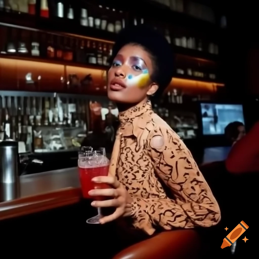 Modern jazz singer in a bar holding a drink, detailed color photograph