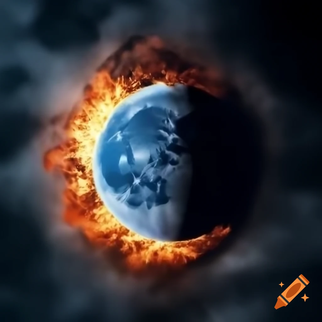 Artistic representation of a blue moon surrounded by flames
