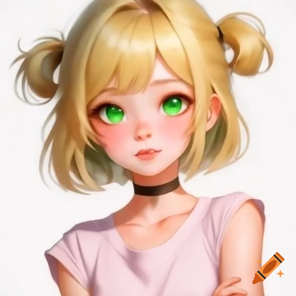 Anime girl with blonde hair and green eyes, wearing pink sleeveless t-shirt and crossed arms