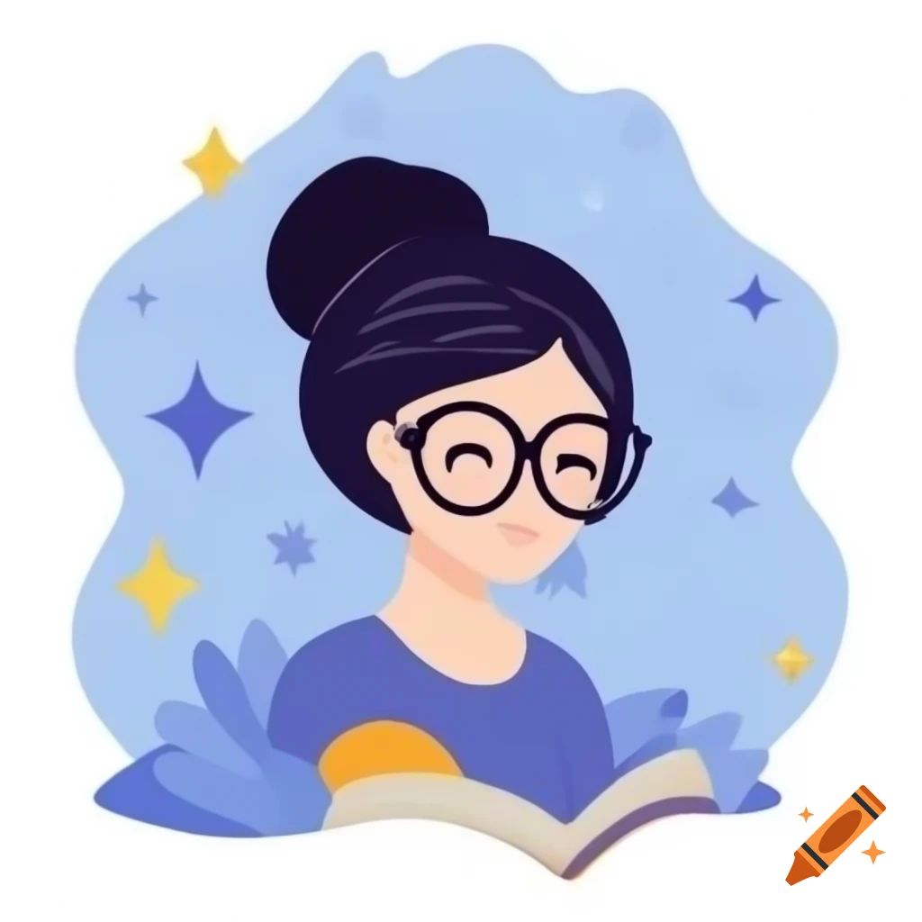 Dark haired woman with bun reading book in starry fantasy background