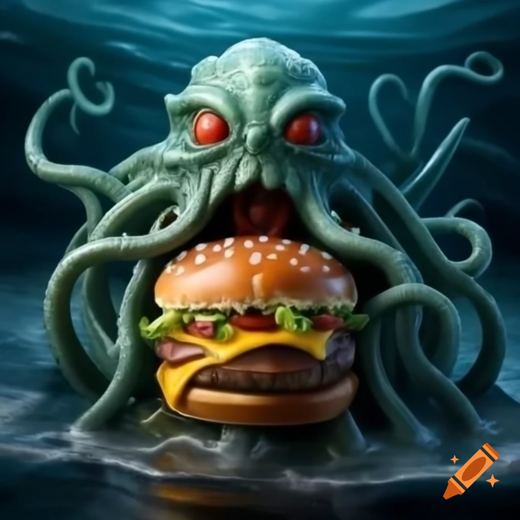 Close-up of Cthulhu caricature enjoying a burger and fries in the sea