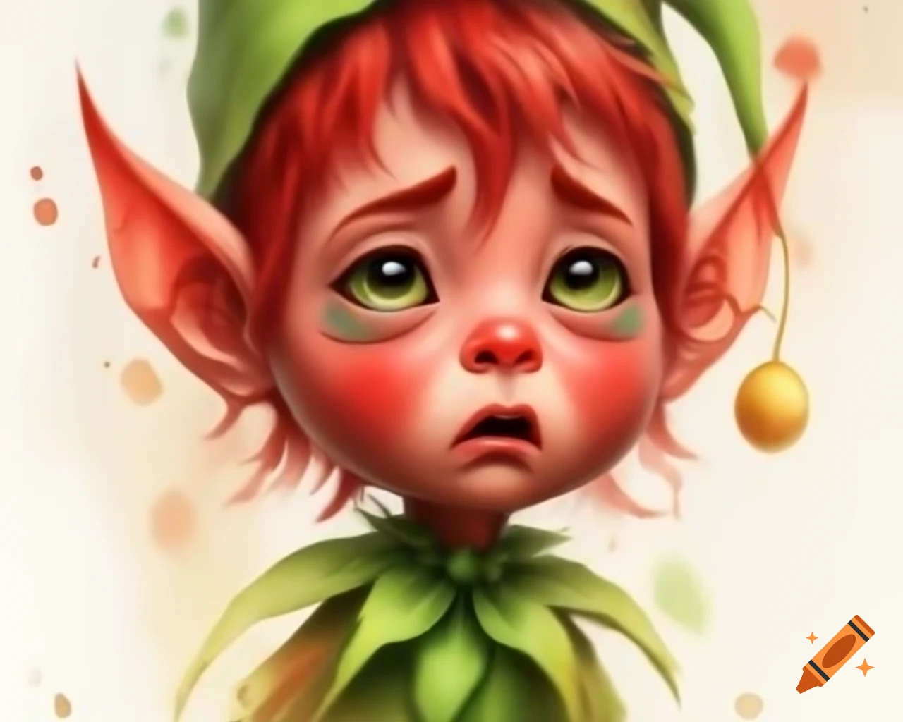 Gum nut baby elf crying in watercolor shades of red, green, and gold, cartoon style