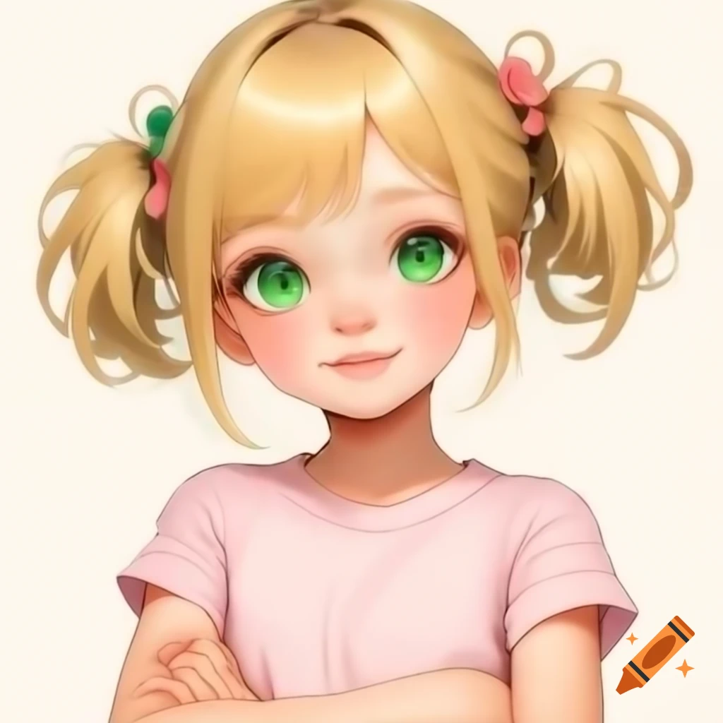 Anime girl with blonde hair and green eyes, wearing light pink sleeveless t-shirt