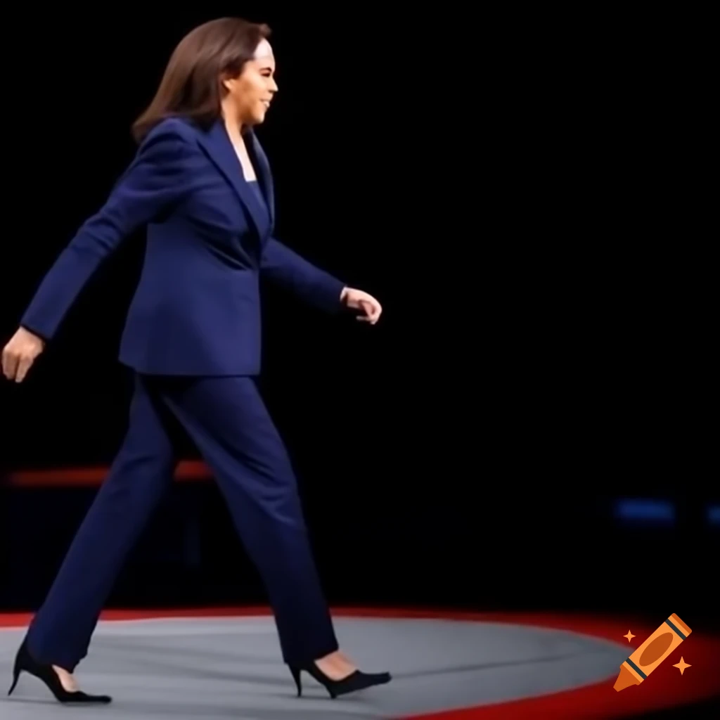 Kamala Harris confidently on debate stage, Trump hunched and angry at his podium, photorealistic