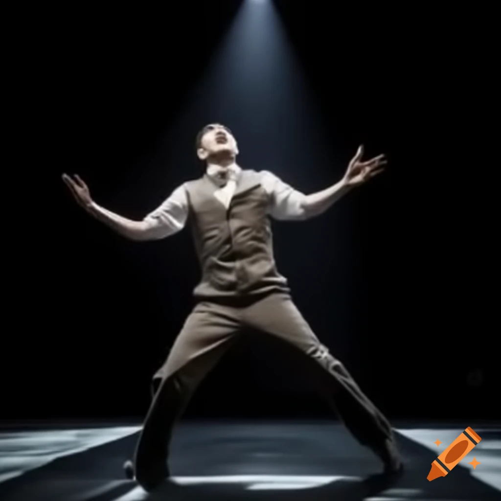 Person performing dramatic monologue on theater stage in spotlight