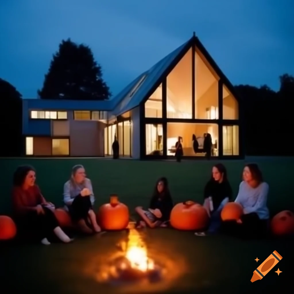 Group of people carving pumpkins in modern British garden with campfire